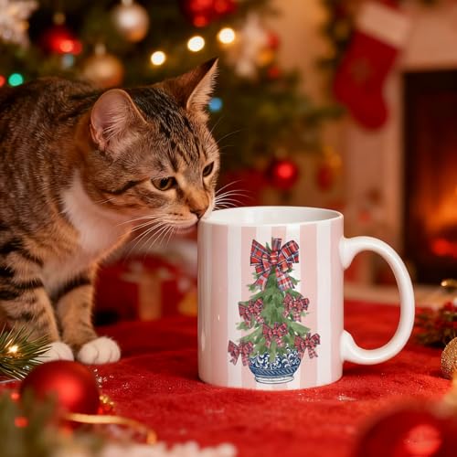 JINYO Christmas Coffee Mug - Pink Striped Chinoiserie Holiday Ceramic Cup, 11 oz - Christmas Coffee Mug-e