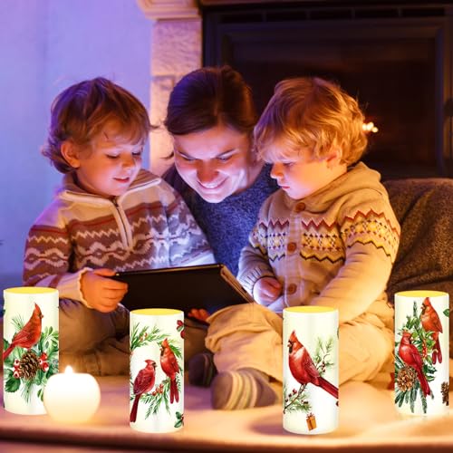 Christmas 4-Piece Flameless Red Bird Candles Set with Cardinal Design - Holiday Decor