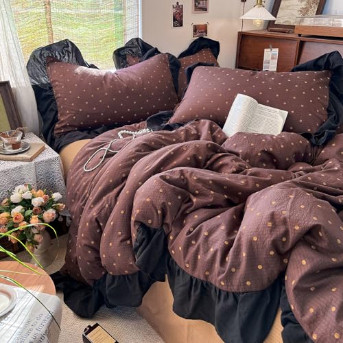 Brown Polka Dot Ruffle Duvet Cover King | Soft Double Gauze Bedding Set
