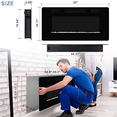 50-Inch Recessed and Wall-Mounted Electric Fireplace Heater with LED Flames