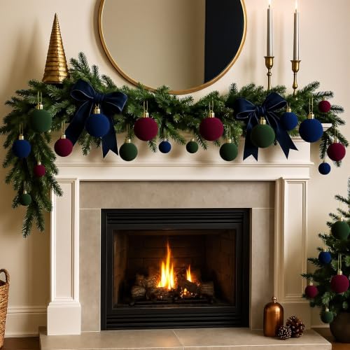 Foilswirl Velvet Christmas Ornaments Set 36 Pcs in Red Green Blue 3.9/3.1/2.8 inch