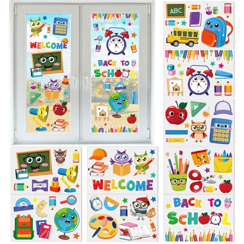 Back to School Window Clings Set - 9 Reusable Classroom Decorations