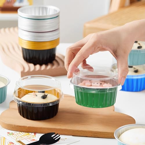 Green Mini Aluminum Foil Cupcake Liners with Lids - 5oz Baking Cups, 50 Pcs