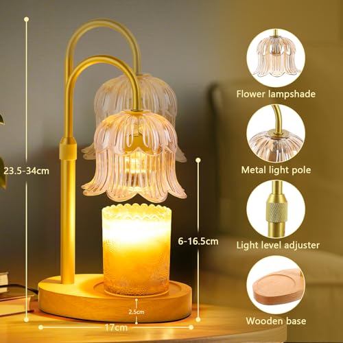 Dimmable Electric Candle Warmer Lamp with Timer - Amber Glass Flower Shade