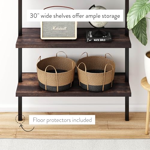 6-Tier Industrial Wall Mount Bookcase, Wood and Metal Open Shelf Set of 2