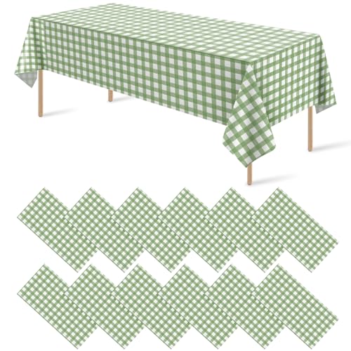 12-Pack Sage Green Gingham Tablecloths, 54x108 Inch Disposable Table Covers