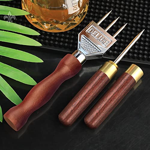 LINALL Three Prong Stainless Steel Ice Pick Set of 2 with Wooden Handles - Durable Carving Bartender Tool, 7-inch