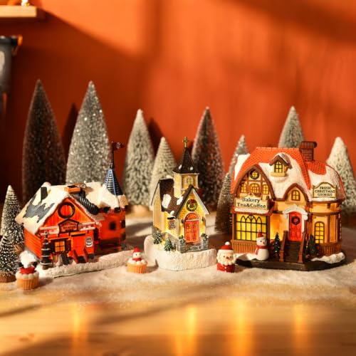Lighted Christmas Village Sets 3 Resin Houses with LED Lights, Holiday Decor