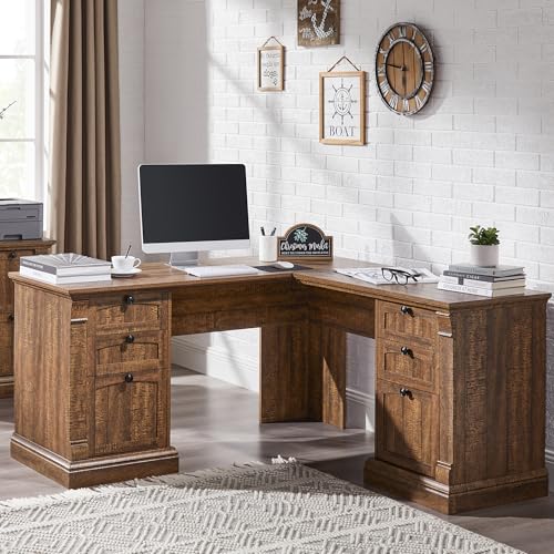 60-Inch L-Shaped Executive Desk with Charging Station and Storage Drawers