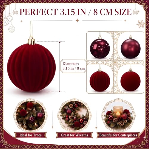 12-Pack Burgundy Christmas Ornaments - Velvet Ball Tree Decorations