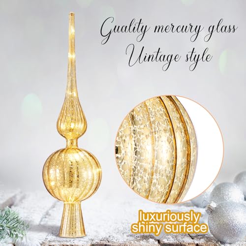 12-Inch Mercury Glass Christmas Tree Topper - Vintage Gold Finial Ornament