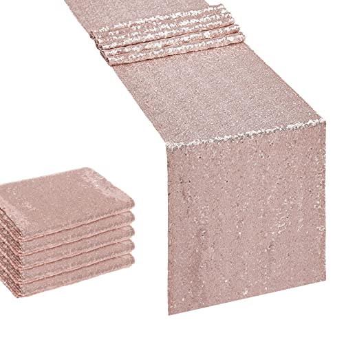 12x72 Inch Rose Gold Sequin Table Runner - 6 Pack for Party & Wedding Decor