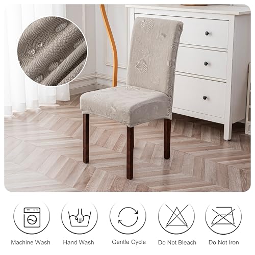 Waterproof Dining Chair Cover Set of 4 - Stretch Slipcovers with Leaf Jacquard, Warm Grey
