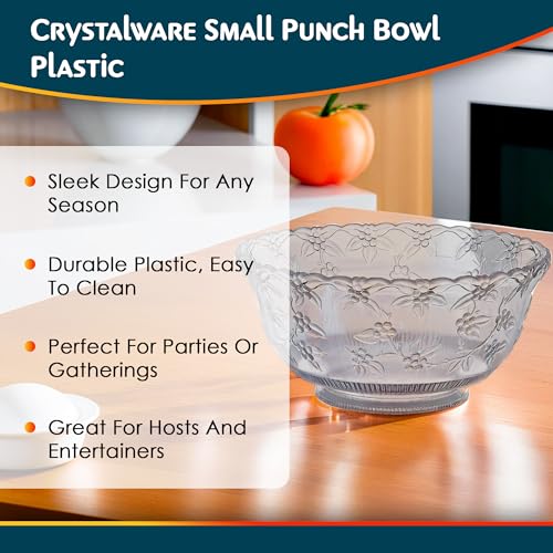 8 Quart Clear Plastic Punch Bowl - Embossed Serving Bowl for Parties
