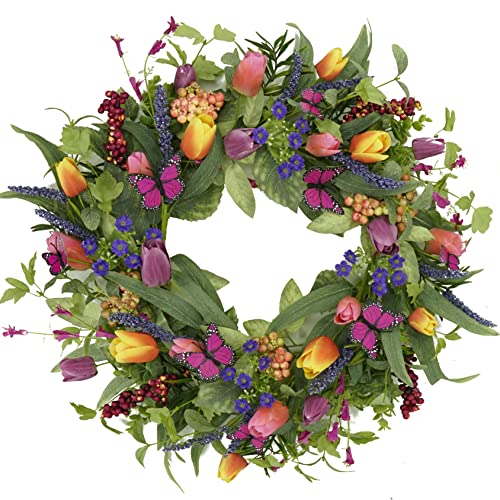 22-Inch Spring Tulip Wreath for Front Door with Tassels and Eucalyptus