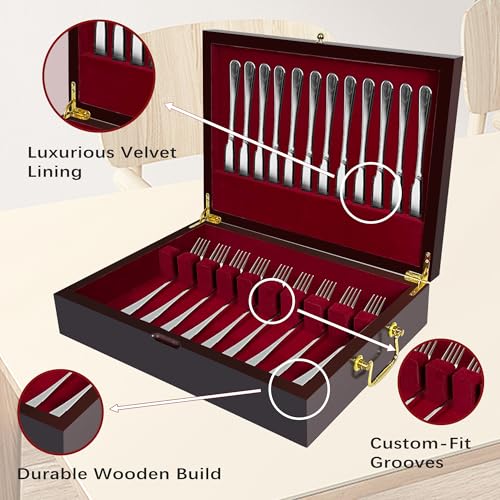Solid Wood Silverware Storage Chest with Velvet Lining and Handles