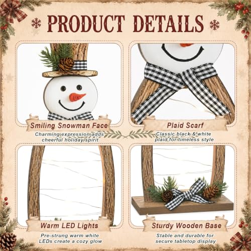 Christmas Snowman Decor Set with LED Lights - Rustic Wooden Tabletop Holiday Figurines