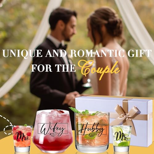 Hubby & Wifey Stemless Wine and Whiskey Glass Set for Couples