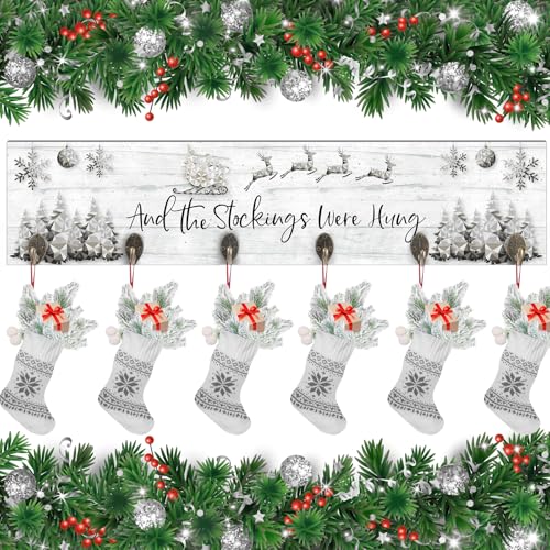 Soaoo Christmas Stocking Holder for Wall with 6 Hooks – White & Silver