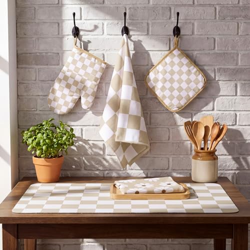 7-Piece Kitchen Decor Set, Beige Checkerboard Oven Mitts and Towels