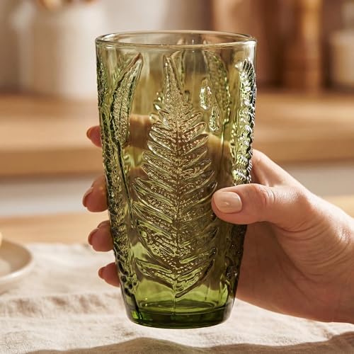 Green Glass Drinking Set of 4 16 oz Vintage Fern Glassware - Dishwasher Safe