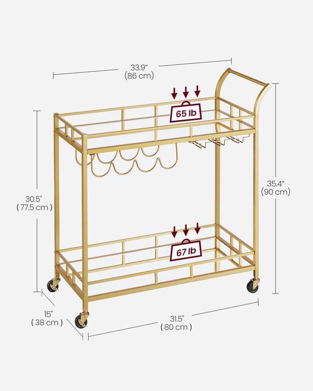 2-Tier Rolling Bar Cart with Mirrored Shelves, Wine and Glass Holders