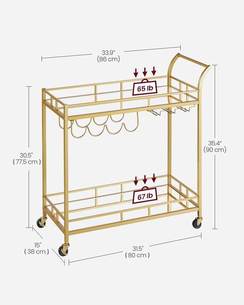 VASAGLE Bar Cart Gold, Home Bar Serving Cart, Wine Cart with 2 Mirrored Shelves, Wine Holders, Glass Holders, for Kitchen, Dining Room, Gold ULRC090A03