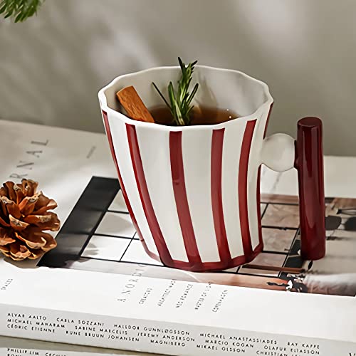 ODIINCY Red & White Stripe 12 Oz Handmade Ceramic Coffee Mug