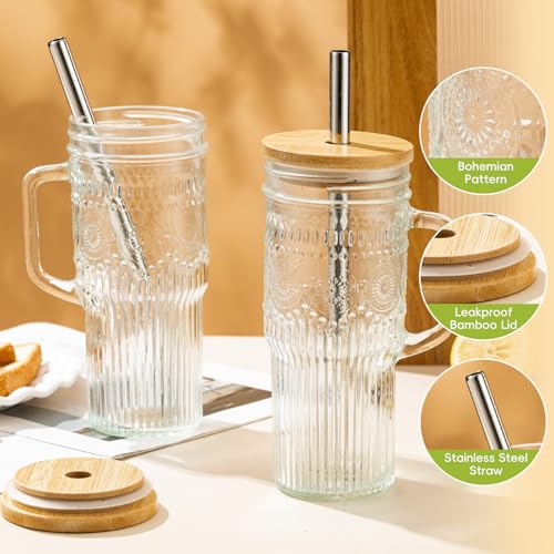 24 oz Glass Tumbler with Handle, Bamboo Lid, and Straw - Boho Iced Coffee Cup