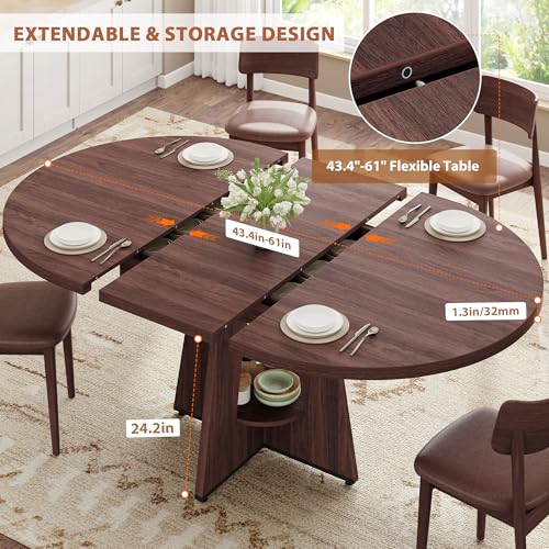 Extendable Round Dining Table, 43-59 Inch Oval Kitchen Table with Storage