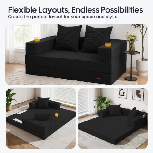 4-in-1 Convertible Floor Sofa Bed, 59-Inch Folding Futon for Small Spaces