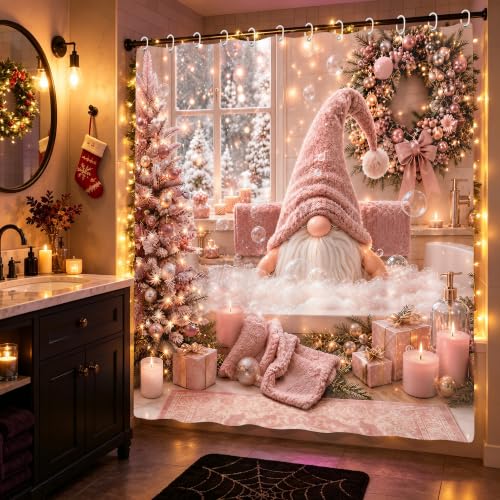 Romart Pink Christmas Gnome Shower Curtain 72x72 Inch - Holiday Bathroom Decor