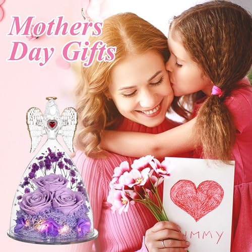 Tiaronics Light Purple Preserved Rose Angel Figurine for Mother's Day Gift - Real Forever Flower