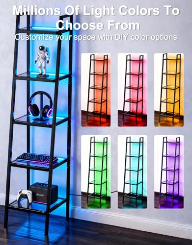 5-Tier Glass Display Shelf with RGB LED Lights, 67-inch Ladder Bookshelf