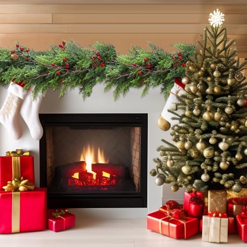 ENVEN 6FT Lush Cedar Christmas Garland with Red Berries & Pine Cones – Indoor/Outdoor Faux Greenery