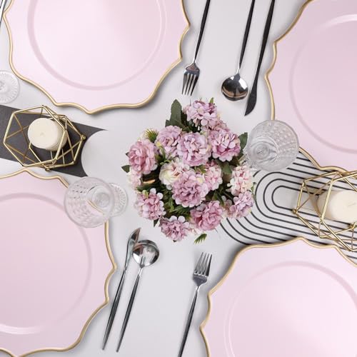 Omuriko 12-Piece Pink Scalloped Plastic Dinner Plate Set for Weddings & Holidays, 13 Inch
