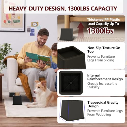 Heavy Duty Adjustable Bed Risers - Set of 4 Furniture Lifts (3, 5, 8 Inches)
