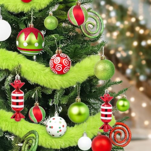 Christmas Decorations 92 Pcs Red Green White Ornaments Set with Glitter & Faux Fur Ribbon