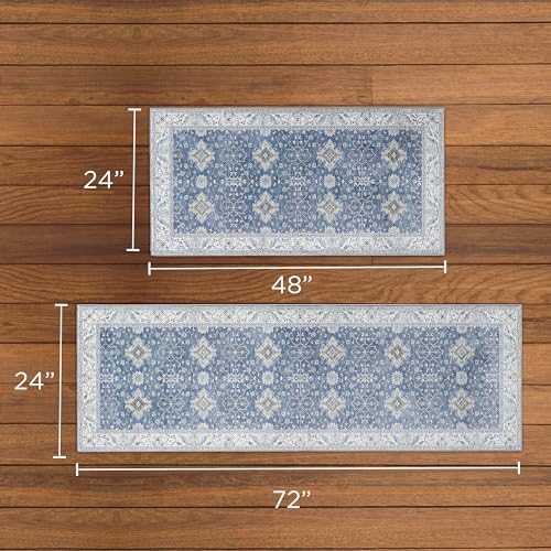 2-Piece Washable Chenille Rug Set, Geometric Print, Non-Slip, Blue/Taupe