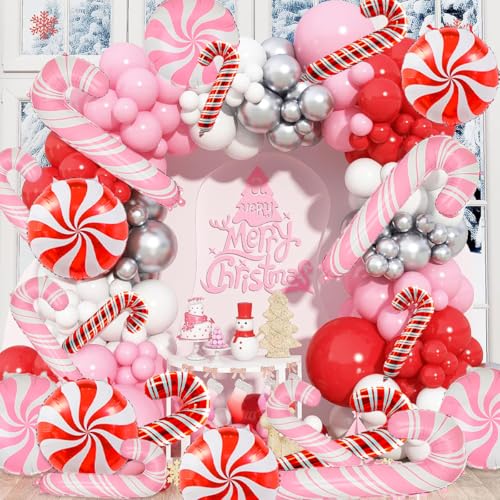 Wclliuchi 23Pcs Pink Candy Cane Christmas Balloons Set - Foil Party Decor