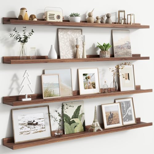 48-Inch Floating Picture Ledge Shelves - Set of 4 Wall-Mounted Wood Shelves