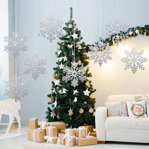 Sratte Silver 48 Pcs 12-inch Glitter Snowflake Ornaments for Christmas & Winter Decor