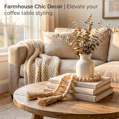 2 Pack Wood Bead Garland with Tassels, 50-Inch Rustic Farmhouse Boho Decor