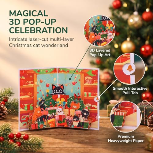 Christmas Cat 3D Pop Up Greeting Card with Envelope - Funny Holiday Card for Cat Lovers