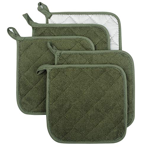 Cotton Terry Pot Holder Set of 5 - Heat Resistant Olive Green Hot Pads