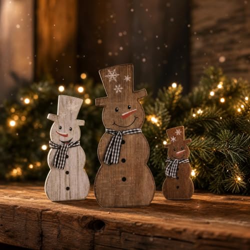 Set of 3 Rustic Wooden Snowman Christmas Table Decorations - Farmhouse Holiday Decor