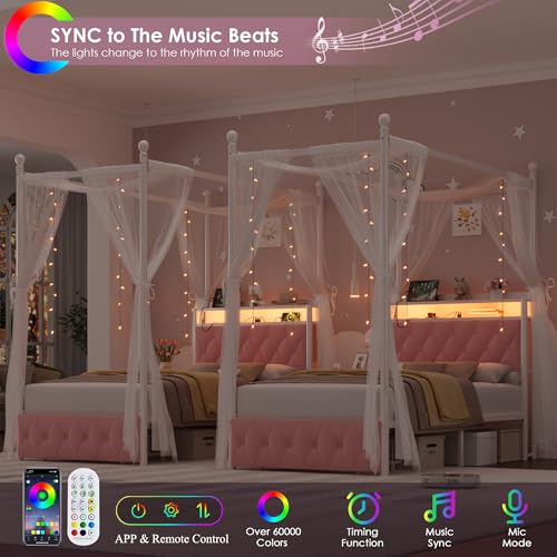 Twin Canopy Bed Frame with LED Lights, Storage Headboard & Charging Station