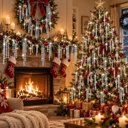 Junkin 200 Pcs Silver Crystal Christmas Ornament Strands 12.6" Holiday Decor