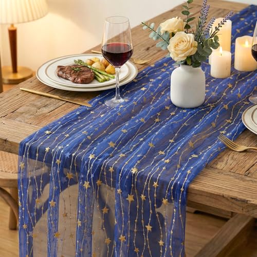 Artoid Mode 28x120 Inch 6pc Dark Blue Glitter Gauze Table Runner for Wedding & Party Decor