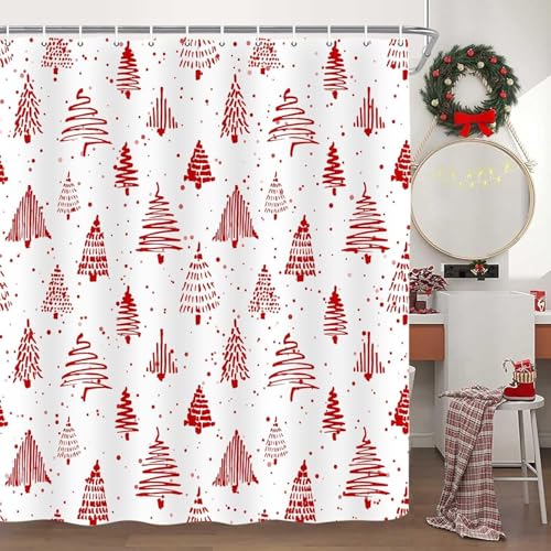 Emwnodti Red and White Christmas Shower Curtain 72x78 inch with 12 Hooks - Holiday Bathroom Decor